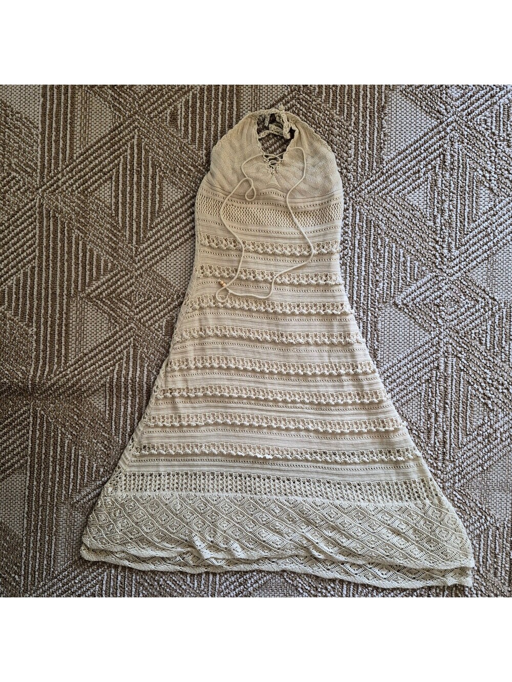 Solitaire LA Pom Pom Crochet Halter Maxi Dress Cream Boho Festival S M